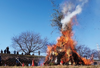 燃え盛る炎を土手の上から見守る来場者