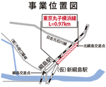 赤い斜線部が４車線化される区間