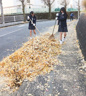 落ち葉をかき集める生徒たち