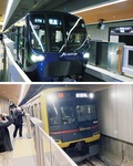 新横浜駅に入線する相鉄線車両（上）と東急線車両