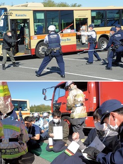 バスジャック犯を取り押さえようとする警察官（上）、消防署員がトリアージする横で警官が状況を聴く（下）