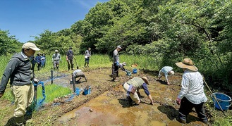 水田を整備する関係者