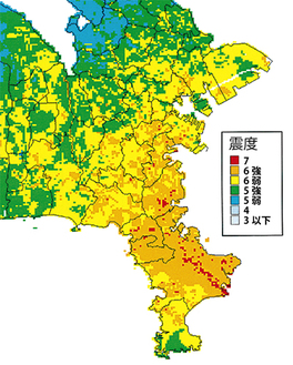 三浦半島断層群で地震が起きた場合の推計震度分布図（平成21年３月発行の神奈川県地震被害想定調査報告書より引用）