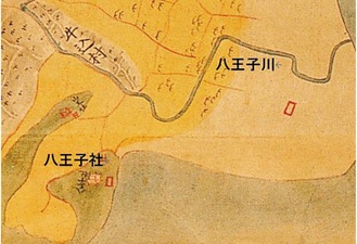 武南本牧之図　安政２(1855)年に描かれている八王子社と八王子川