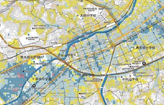 サイトで公開されている南区のハザードマップの一部。色付けされている部分が浸水想定区域