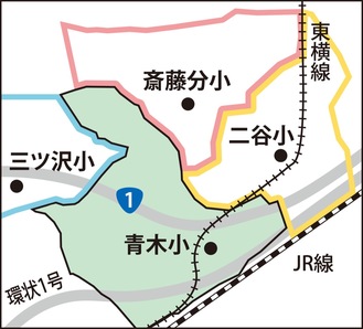 現在の青木小の学区と周辺の小学校