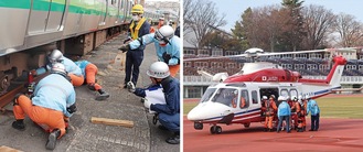 車両を持ち上げる訓練（左）とヘリコプターを使った消防車の搬送訓練（右）の様子