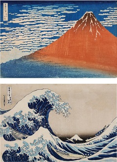 葛飾北斎「冨嶽三十六景　凱風快晴」（前期）＝画像上、葛飾北斎「冨嶽三十六景　神奈川沖浪裏」（後期）〈川崎砂子の里資料館所蔵〉