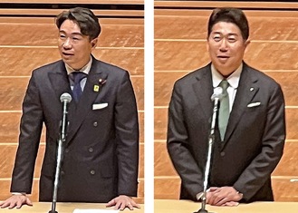 あいさつする福田市長(右)と青木議長