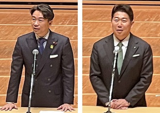 あいさつする福田市長（右）と青木議長