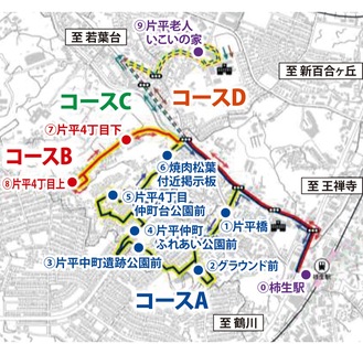 試験運行実施エリア。黄色い部分はフリー乗降区間（市提供のデータを一部加工）