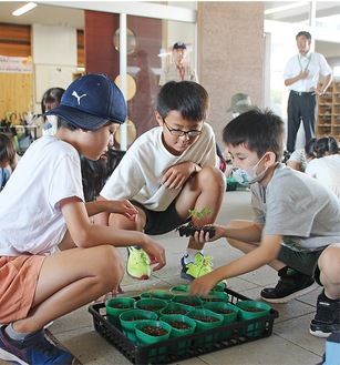 協力して苗を植える児童ら＝９月５日