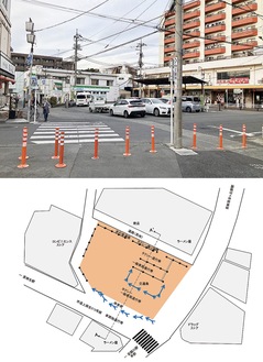 ㊤日中の柿生駅前南口広場㊦通行実験イメージ＝麻生区提供