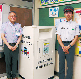 ボックスをＰＲする小島館長（左）と同駅の佐藤幸治助役