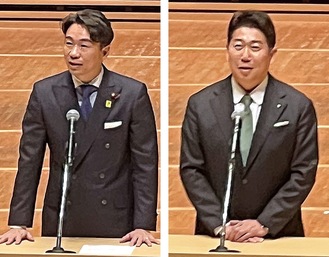 あいさつする福田市長(右)と青木議長