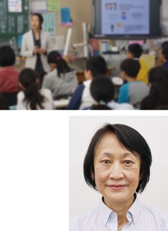 出前授業を聞く子どもたち＝同協会提供（上）と有賀さん（右）