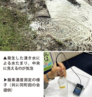 突然の湧水、気泡に戸惑い