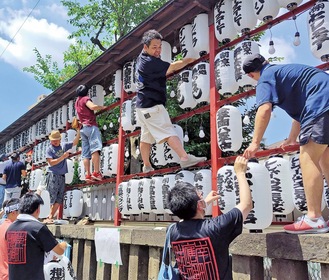 奉納提灯を掛け替える青年会のメンバー