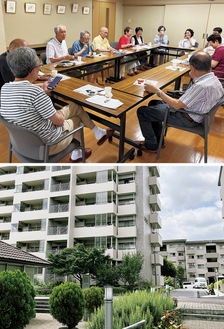 サークル活動「お茶の会」に集まる住民（上）、グリーンメゾン鶴牧３の一角