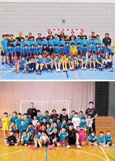 プロ選手と記念撮影する高学年の選手（上）、幼児から小学３年生までの児童＝同クラブ提供