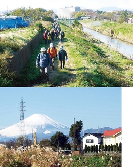 目久尻川沿いを歩く参加者（写真上）と富士山（提供写真）