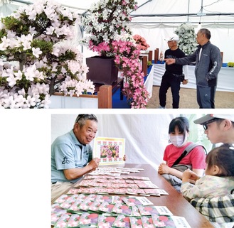 市の花サツキが迫力の盆栽に（上）クイズで種を配る造園関係者