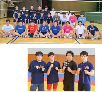 男子バレー部（上）／レスリング部の篠田選手、石井選手、村松選手、渡慶次選手（右から）