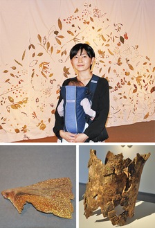 木の葉や花びらなどを布に縫い付けた作品｢山の記憶｣(部分)の前に立つ柵瀨さん(上)、｢魚の骨-1｣(左下)、｢木を縫う-56｣(右下)