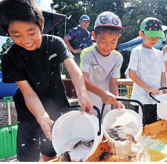 稚魚をスロープ伝いに海へ放流する児童ら