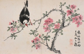長島雪操「花鳥画冊」より《桃花小禽図》１８８４年、横須賀市蔵