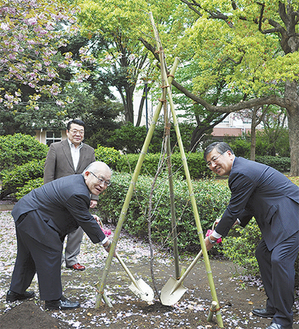 仙台屋桜にスコップで土をかける河野学部長（左）と鈴木市長