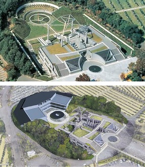 大庭台墓園の写真（上）、２０２２年９月の市議会で発表されていた新立体墓地鳥瞰イメージパース