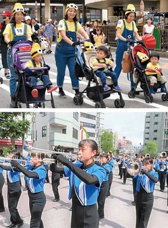 べビーカーを押して駅前を歩く「ベビーカー＆キッズ大行進」（上）と音楽隊のパレード