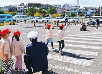 手を挙げて横断歩道を渡る園児