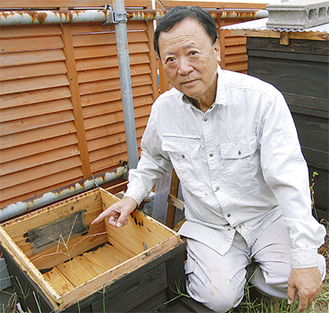 空になった巣箱を指さす山口さん