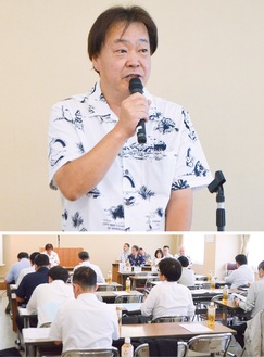 (上)あいさつに立つ矢野会長(下)来賓を招いて行われた議事