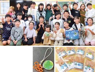 (上)「バイバイプラスチック」の活動に力を注ぐ４年２組の子どもたち(下)プラごみで制作したアクセサリー