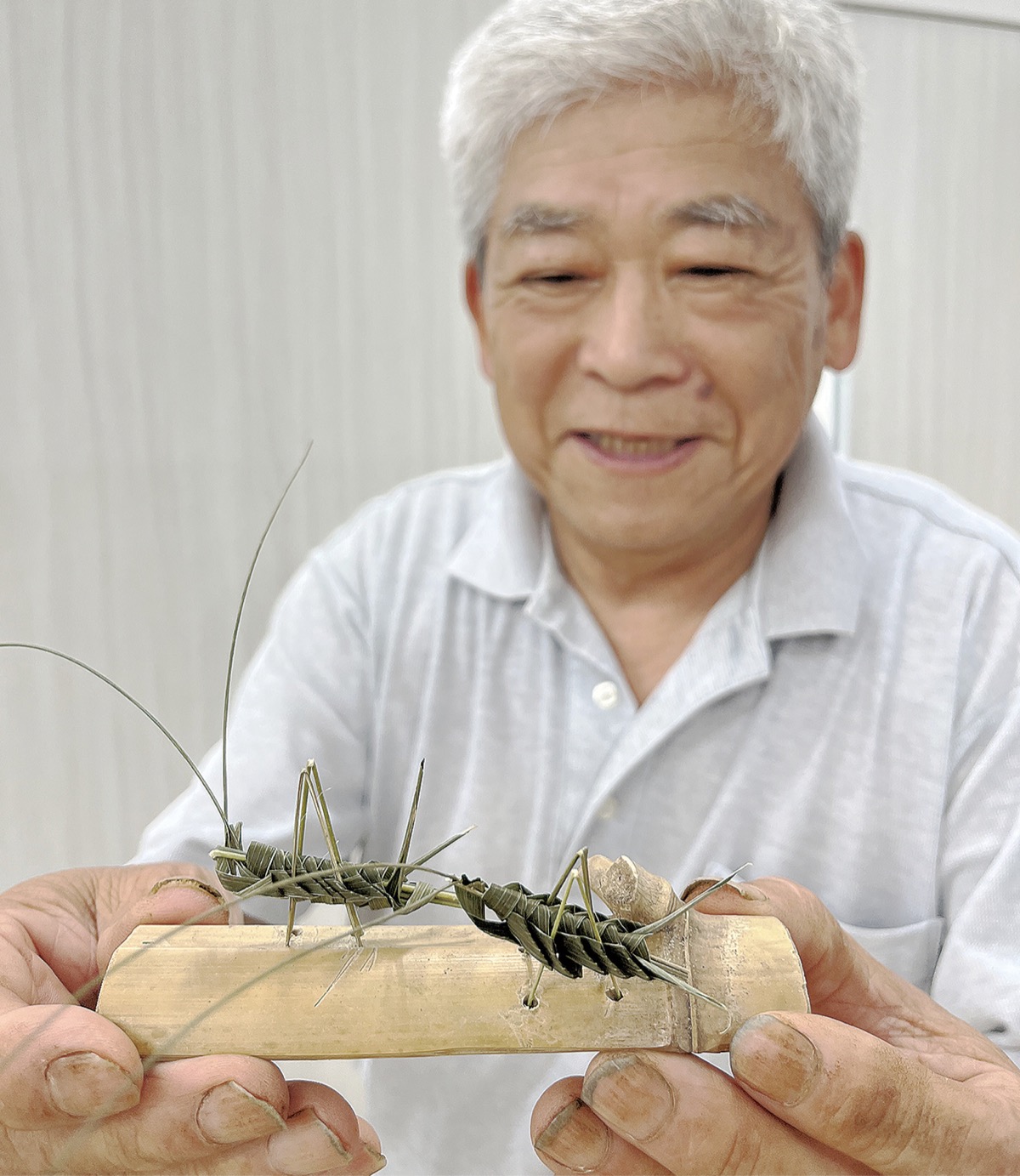 まるで本物 シュロの葉でバッタ 倉見の佐藤さんが手作り 寒川 タウンニュース