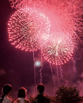 打ち上がる花火を見上げる観客