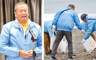 高橋伸昌会長（左）海岸清掃の様子