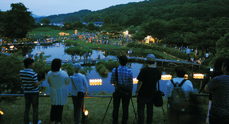 竹灯篭が灯された厳島湿生公園＝中井町井ノ口