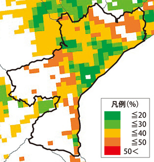 市全域に分布する買い物難民＝農林水産製作研究所食品アクセスマップより引用