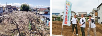 整地前の梅畑（左）と、岡本さん、石井さん、北村さん（左から、整地後の畑で）