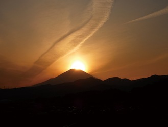 富士山の山頂近くに沈む太陽（東田原／２０２０年３月撮影）