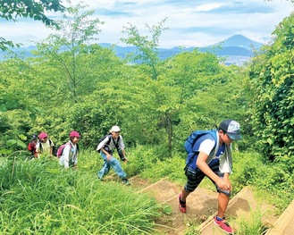 自分たちで決めたコースで山登りする児童ら